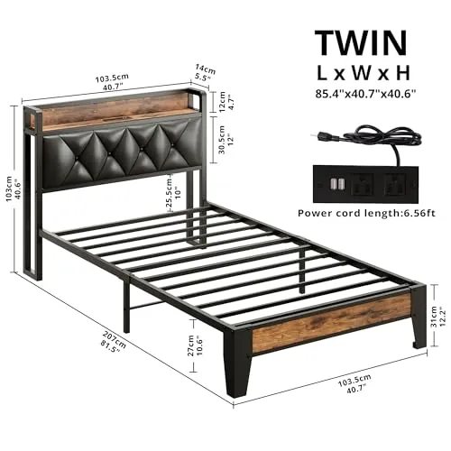 ANCTOR Twin Bed Frames, Storage Headboard with Outlets, Easy to Install, Sturdy and Stable, No Noise, No Box Springs Needed, Rustic Brown and Black
