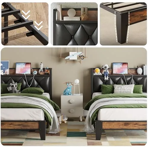 ANCTOR Twin Bed Frames, Storage Headboard with Outlets, Easy to Install, Sturdy and Stable, No Noise, No Box Springs Needed, Rustic Brown and Black