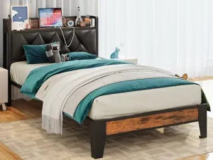 ANCTOR Twin Bed Frames, Storage Headboard with Outlets, Easy to Install, Sturdy and Stable, No Noise, No Box Springs Needed, Rustic Brown and Black