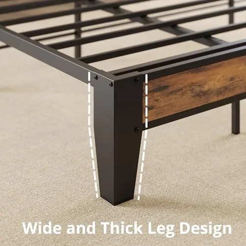ANCTOR Twin Bed Frames, Storage Headboard with Outlets, Easy to Install, Sturdy and Stable, No Noise, No Box Springs Needed, Rustic Brown and Black