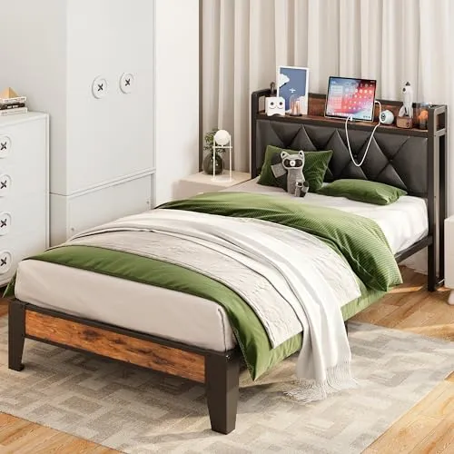 ANCTOR Twin Bed Frames, Storage Headboard with Outlets, Easy to Install, Sturdy and Stable, No Noise, No Box Springs Needed, Rustic Brown and Black