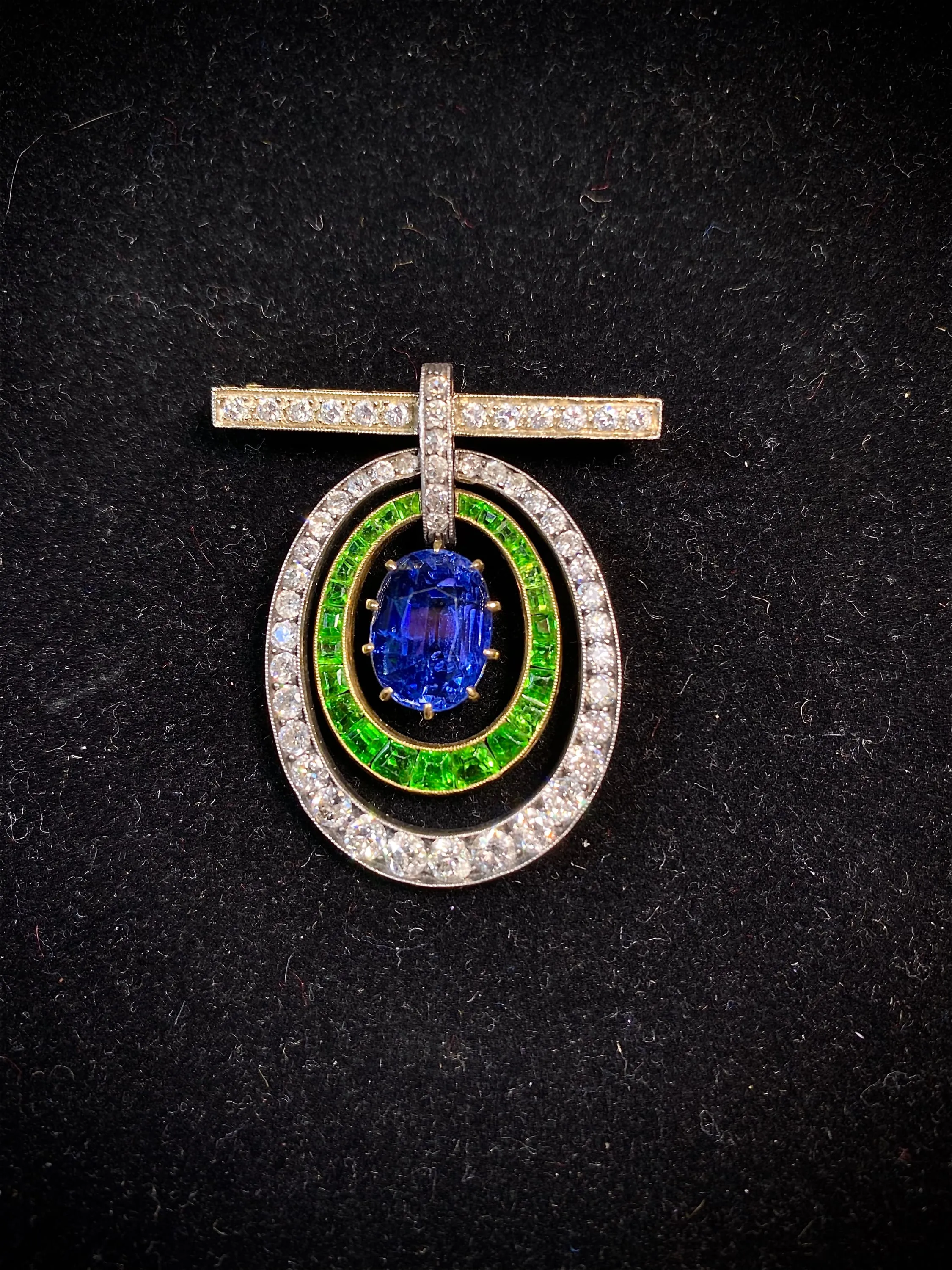 Antique 1920s Sapphire/Garnet/Diamond 15ct Brooch YG/Silver w $130K UGL Certifi}
