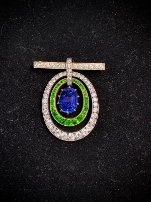 Antique 1920s Sapphire/Garnet/Diamond 15ct Brooch YG/Silver w $130K UGL Certifi}