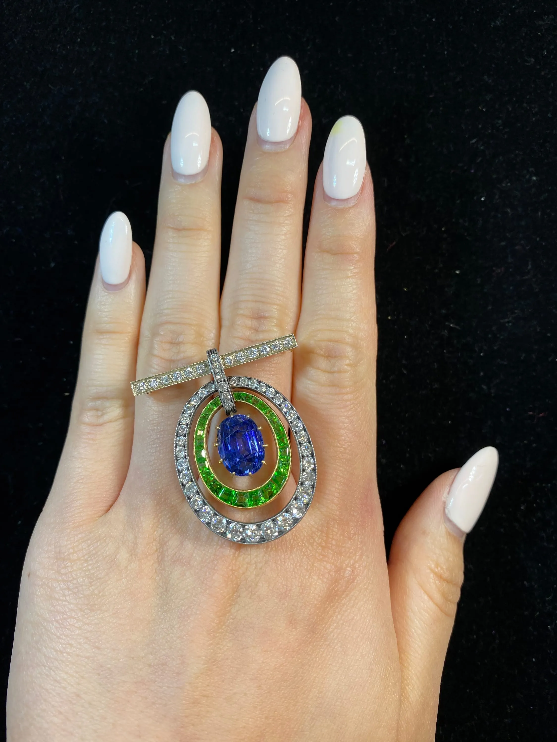 Antique 1920s Sapphire/Garnet/Diamond 15ct Brooch YG/Silver w $130K UGL Certifi}