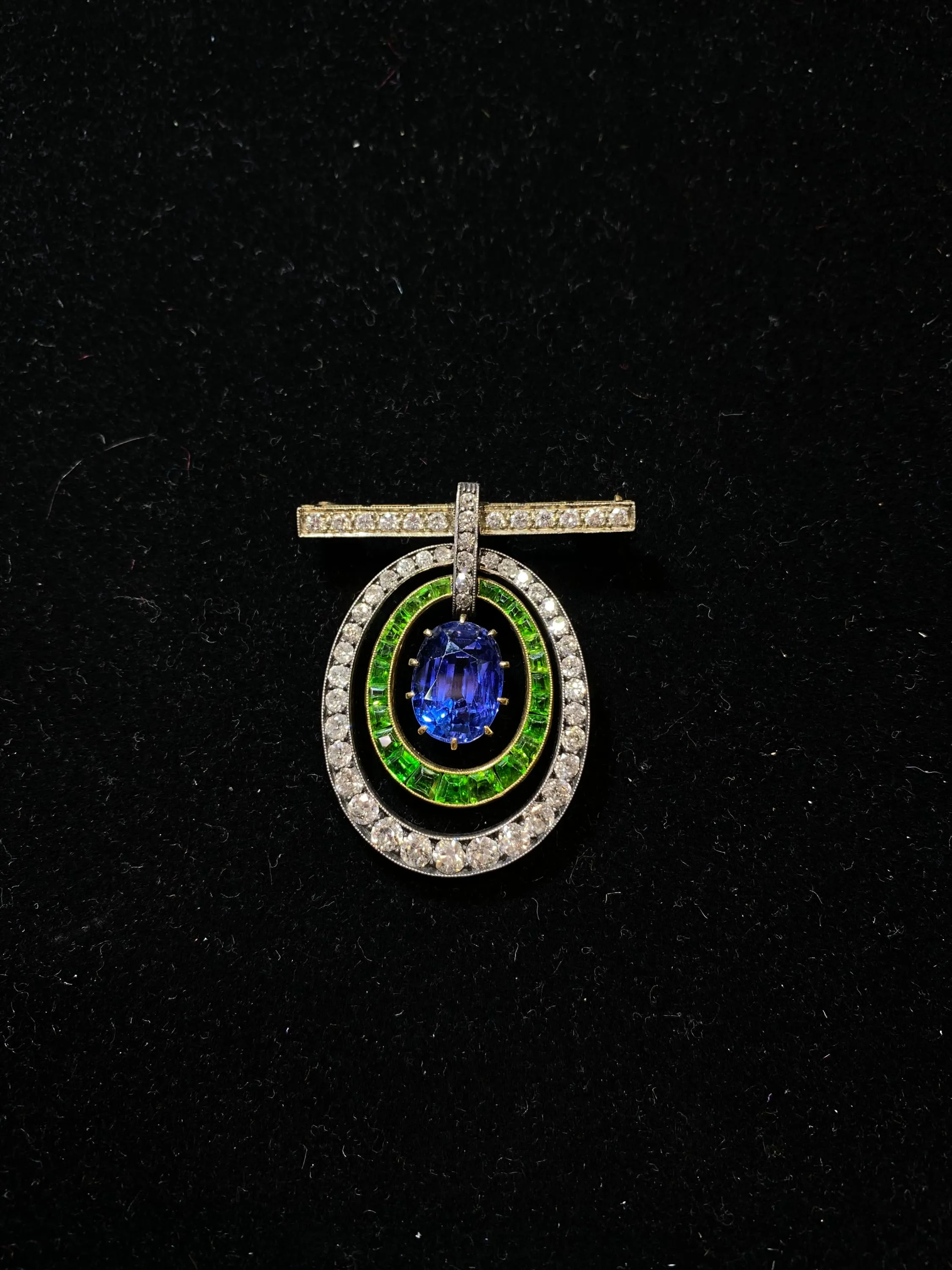 Antique 1920s Sapphire/Garnet/Diamond 15ct Brooch YG/Silver w $130K UGL Certifi}