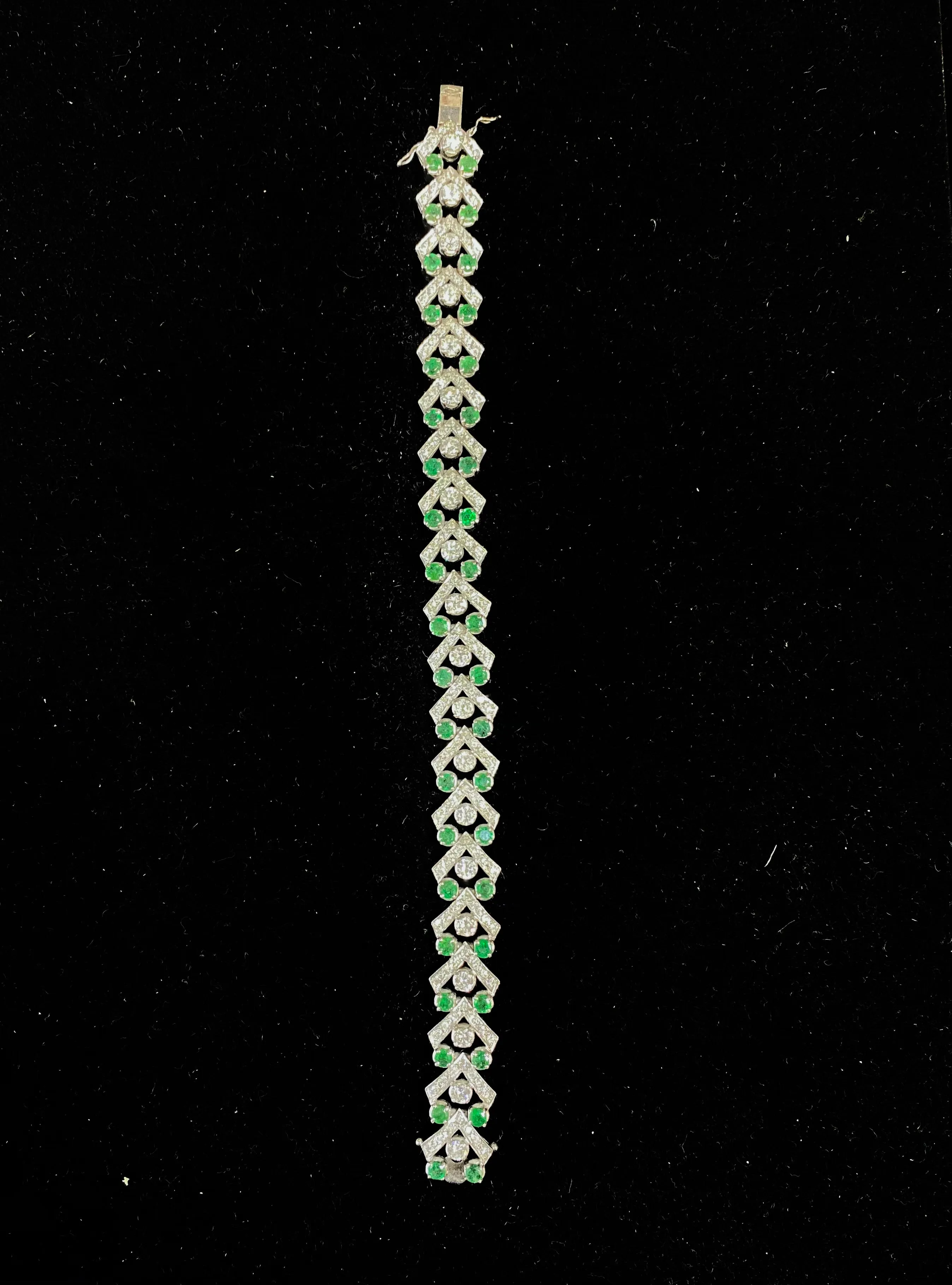 Antique 1950’s Style Solid White Gold with 160 Diamonds & 40 Emeralds Bracelet - $80K Appraisal Value w/CoA}