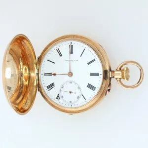 Antique H. Moser & Cie Solid 14k Yellow Gold White Roman Hunter Pocket Watch