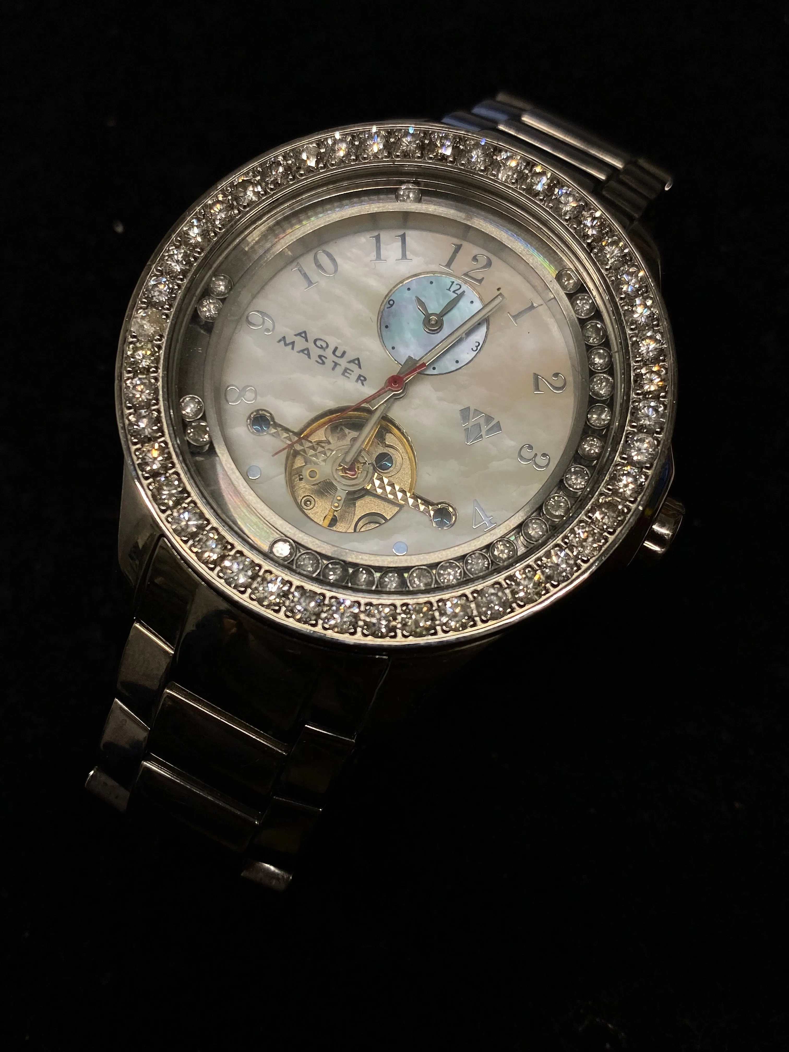 AQUA MASTER Tourbillon Floating Diamond Stainless Steel Large Watch w/ 72 Diamonds & Mother of Pearl Dial -$30K Appraisal Value!
