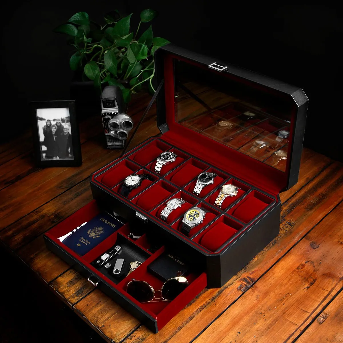 Ashbury 12 Watch Display Case, Black Leather with Valet Drawer