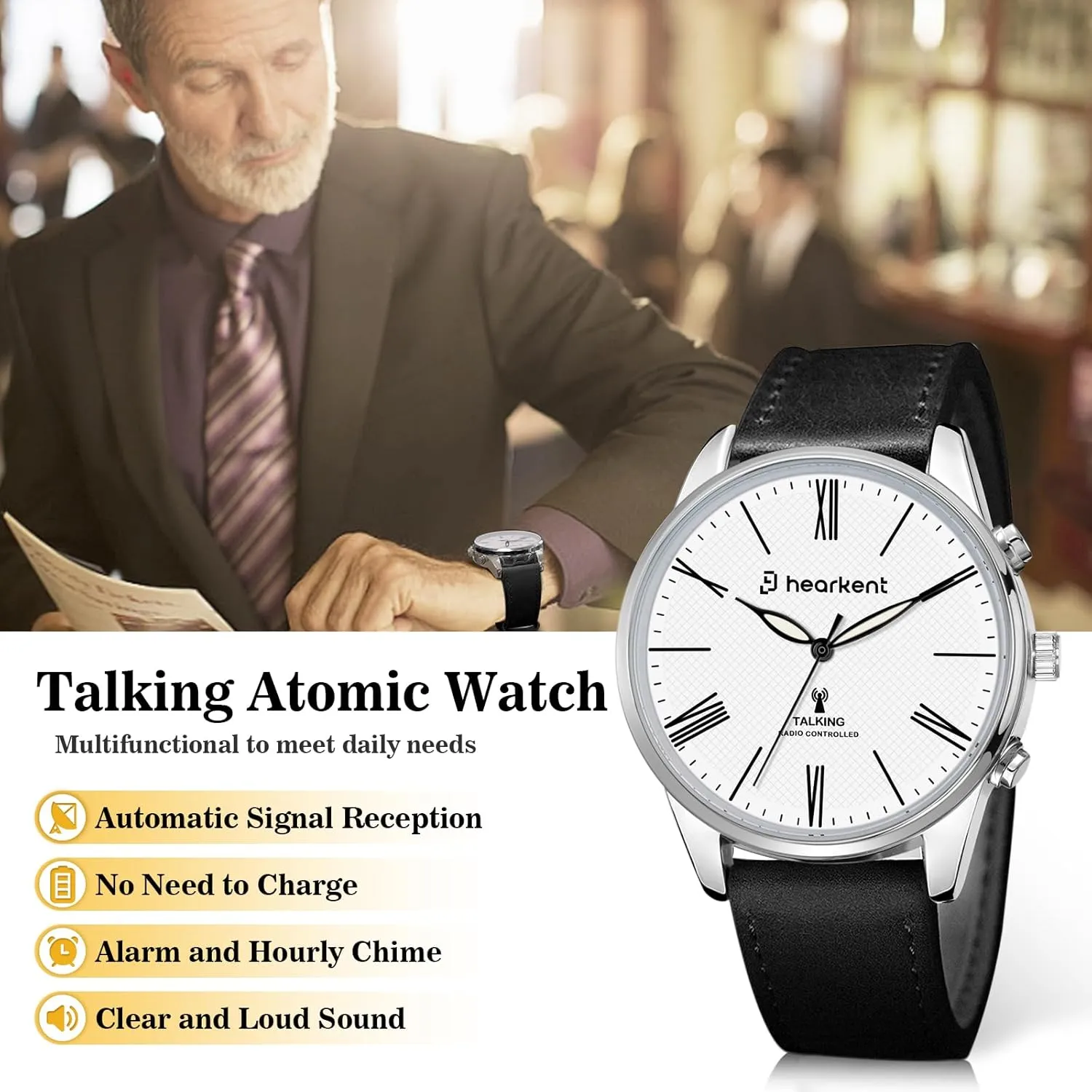 Atomic Talking Watches for Visually Impaired, American Accent Voice, Roman Numerals Watch with Leather Band, Speaks Time & Date, Ideal Watch for Elderly & Blind People