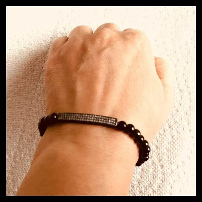 Bar Beads Bracelets for Men- Pave Cubic Zirconia Stretch Bracelet