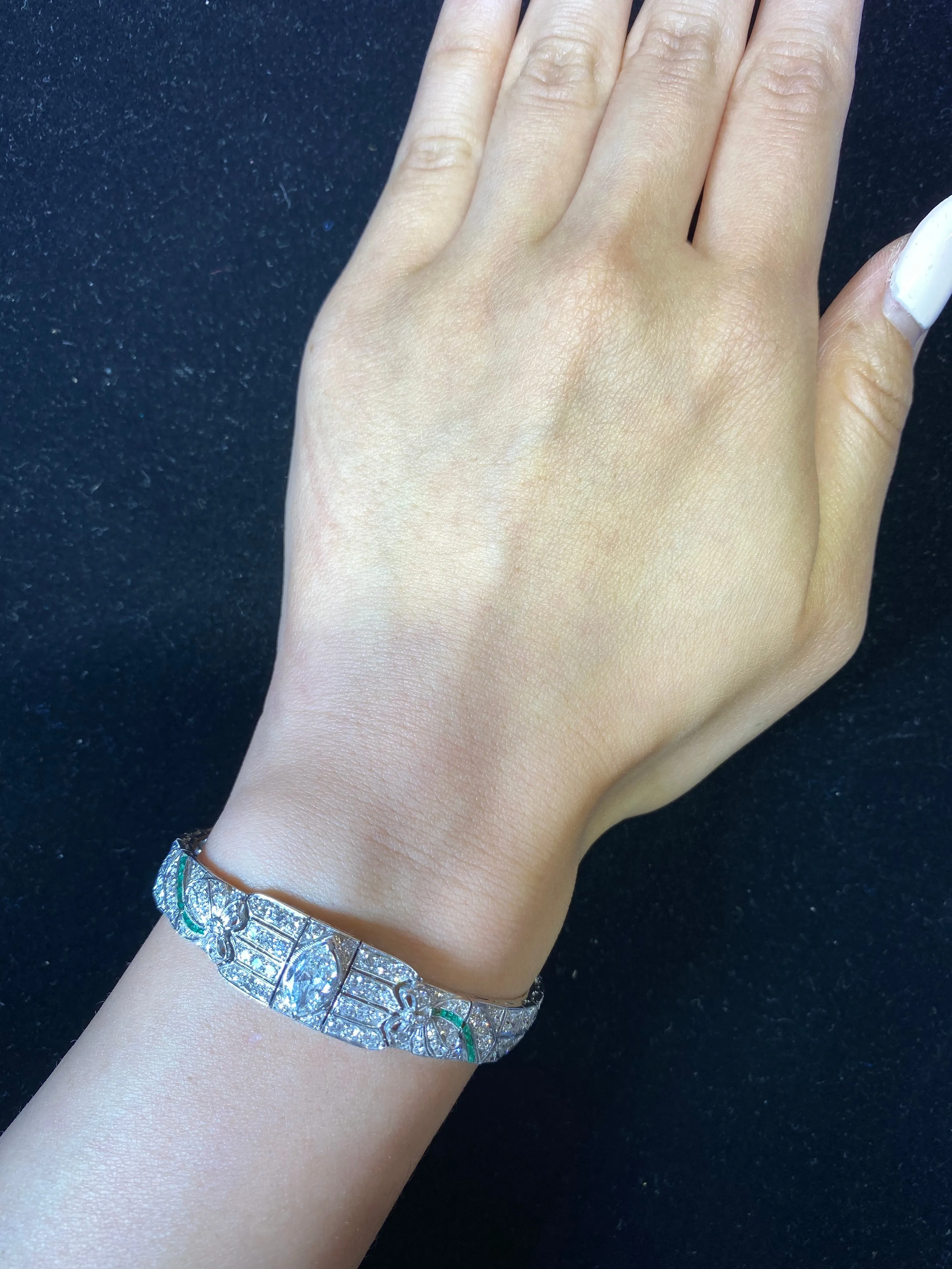 BEAUTIFUL Intricate Art Deco Platinum Bracelet w/ 160 Diamonds/Emerald - $200K APR Value w/ CoA!