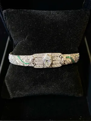 BEAUTIFUL Intricate Art Deco Platinum Bracelet w/ 160 Diamonds/Emerald - $200K APR Value w/ CoA!