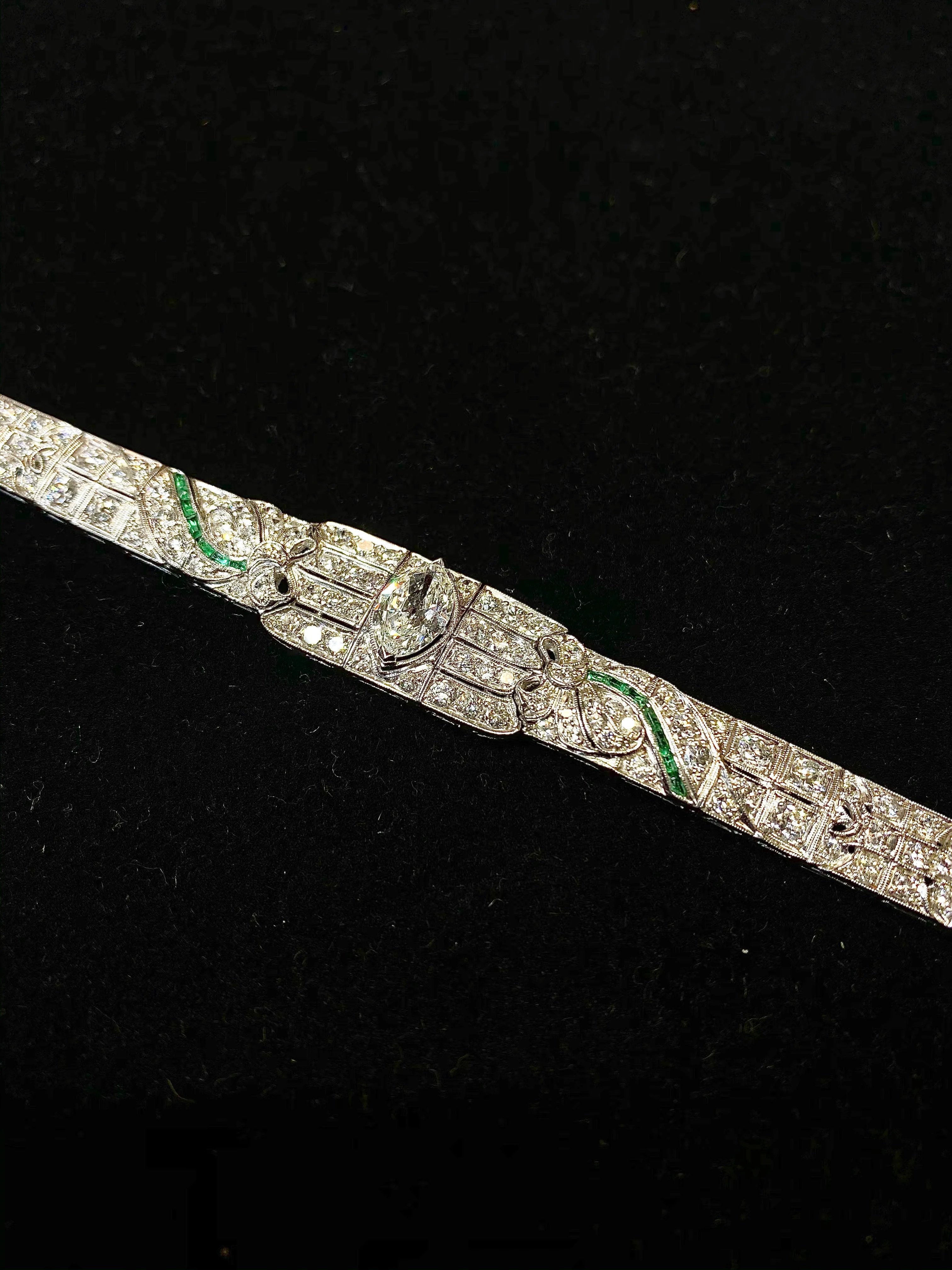 BEAUTIFUL Intricate Art Deco Platinum Bracelet w/ 160 Diamonds/Emerald - $200K APR Value w/ CoA!
