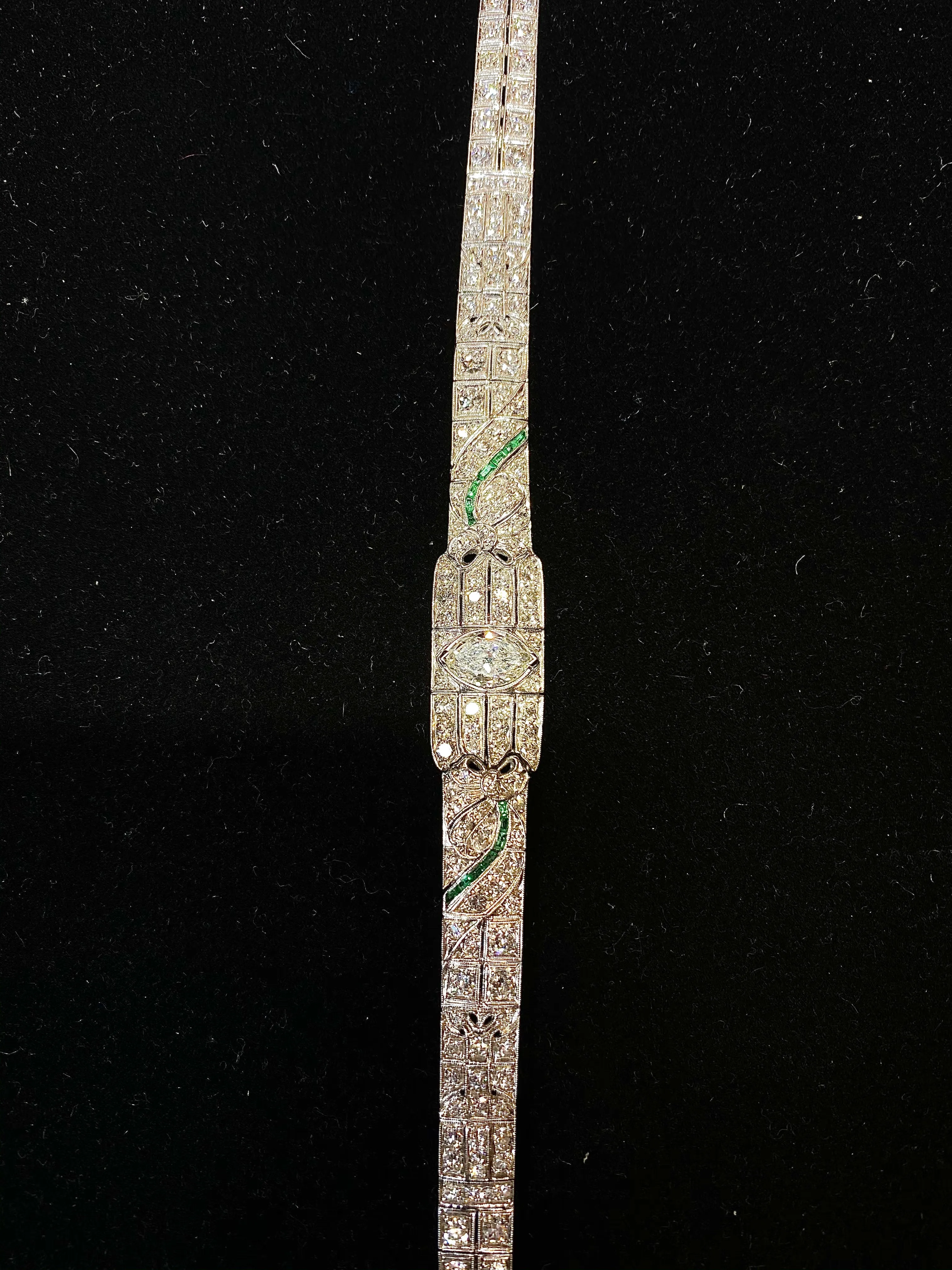 BEAUTIFUL Intricate Art Deco Platinum Bracelet w/ 160 Diamonds/Emerald - $200K APR Value w/ CoA!