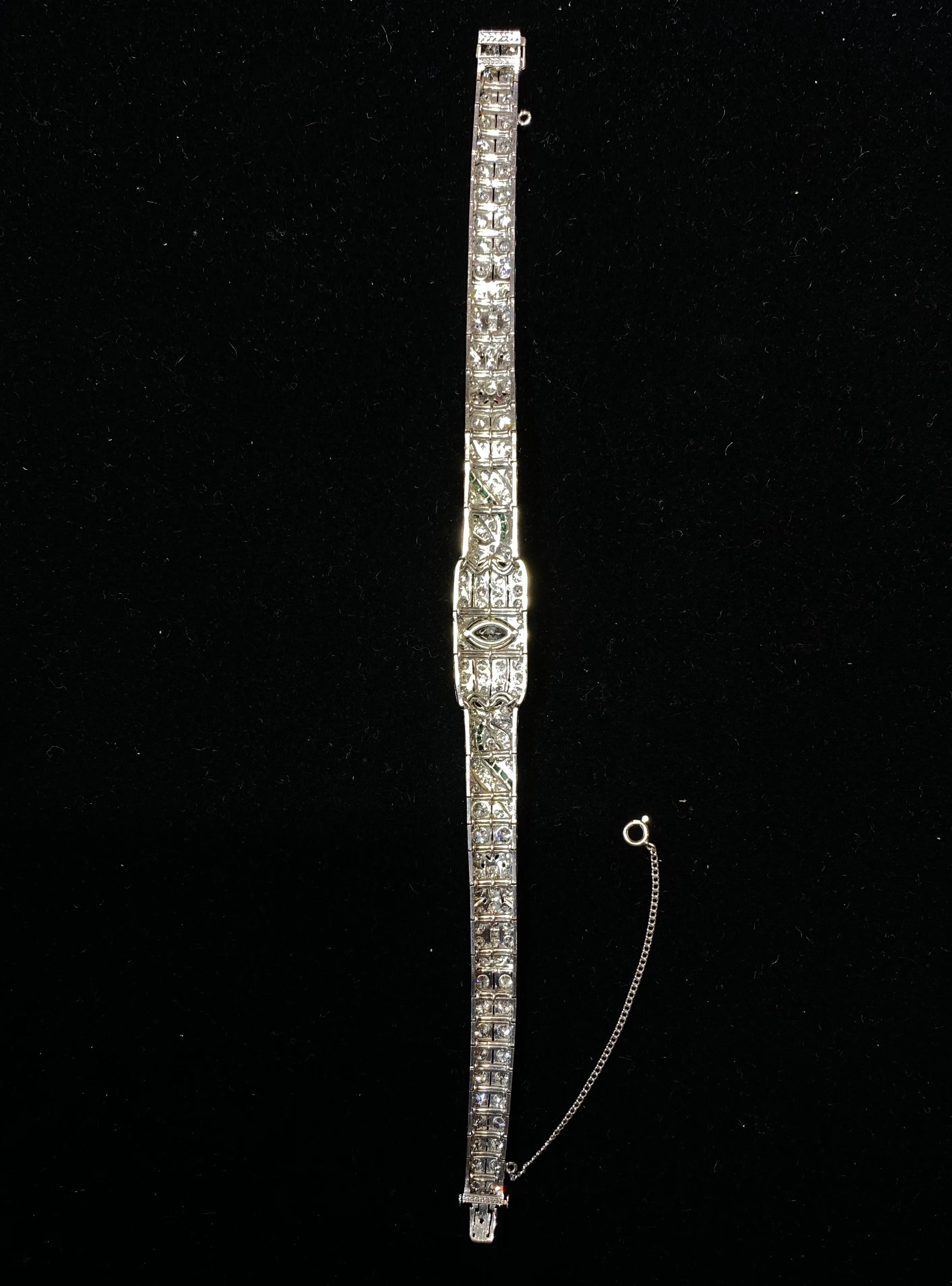 BEAUTIFUL Intricate Art Deco Platinum Bracelet w/ 160 Diamonds/Emerald - $200K APR Value w/ CoA!
