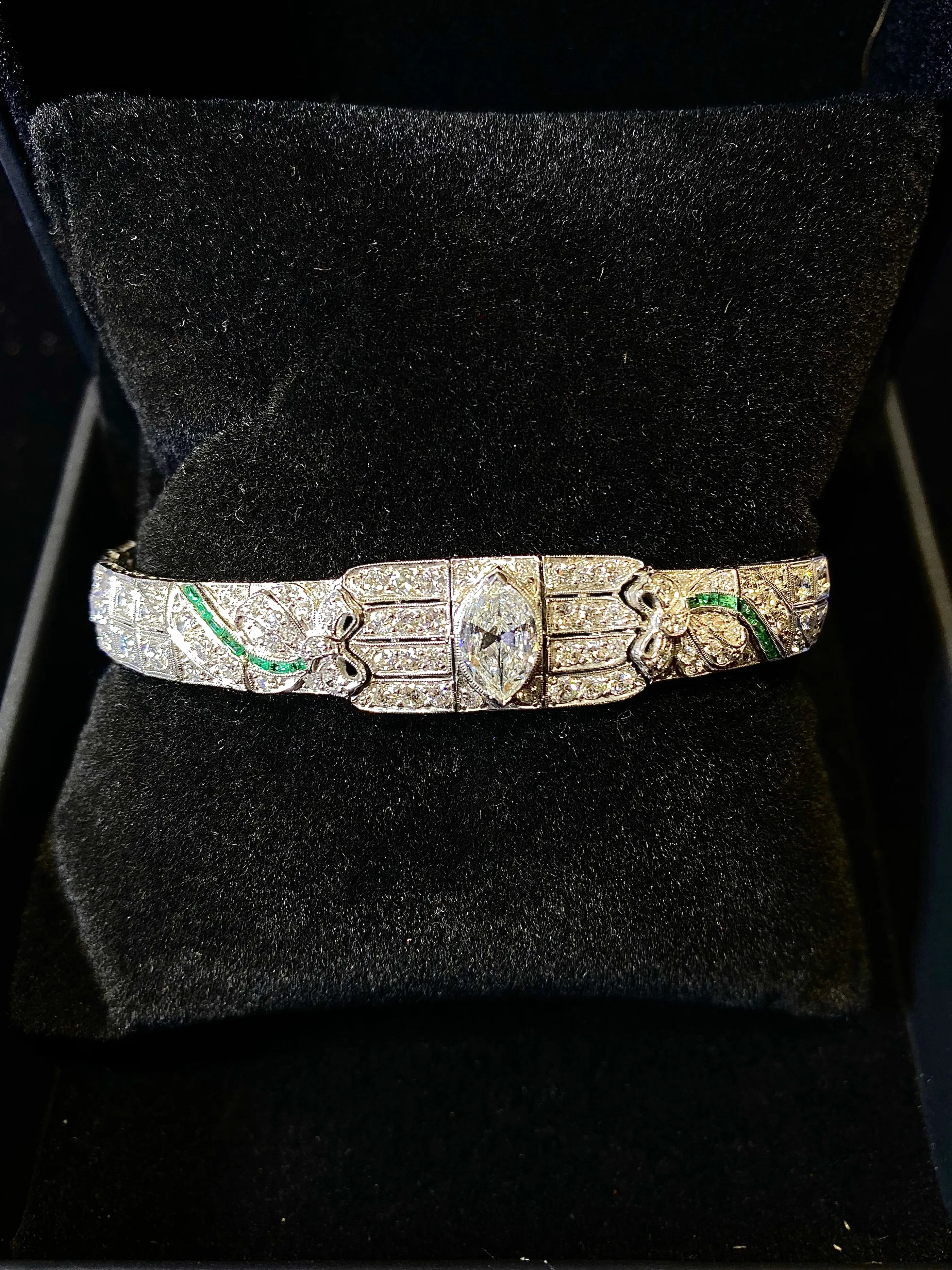 BEAUTIFUL Intricate Art Deco Platinum Bracelet w/ 160 Diamonds/Emerald - $200K APR Value w/ CoA!
