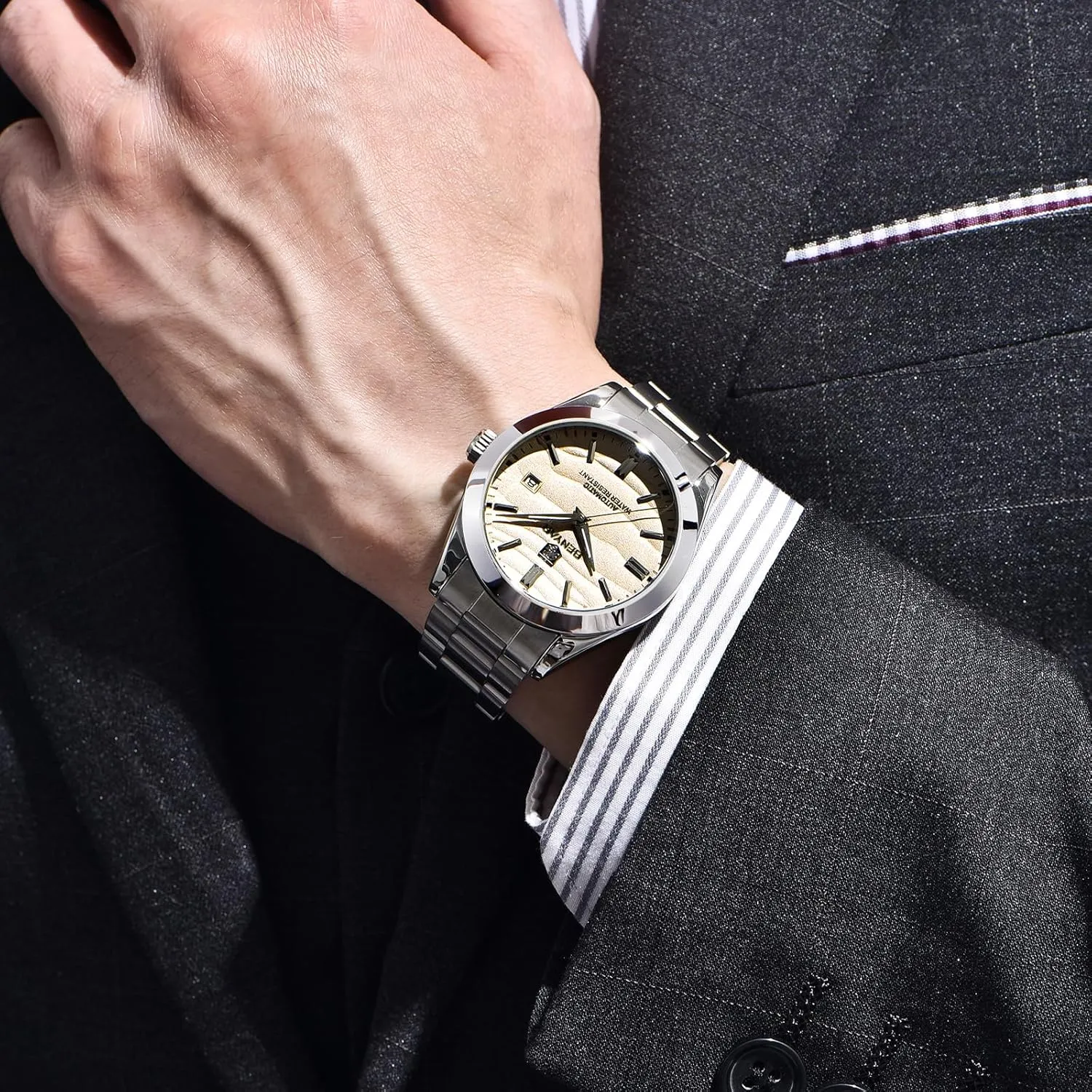 BENYAR Mechanical Men's Watch Automatic Movement 50M Waterproof Luminous Date Display Simple Easy to Read Casual Business Men's Stainless Steel Watch