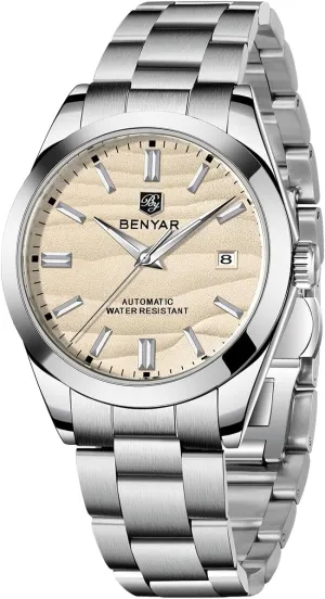BENYAR Mechanical Men's Watch Automatic Movement 50M Waterproof Luminous Date Display Simple Easy to Read Casual Business Men's Stainless Steel Watch