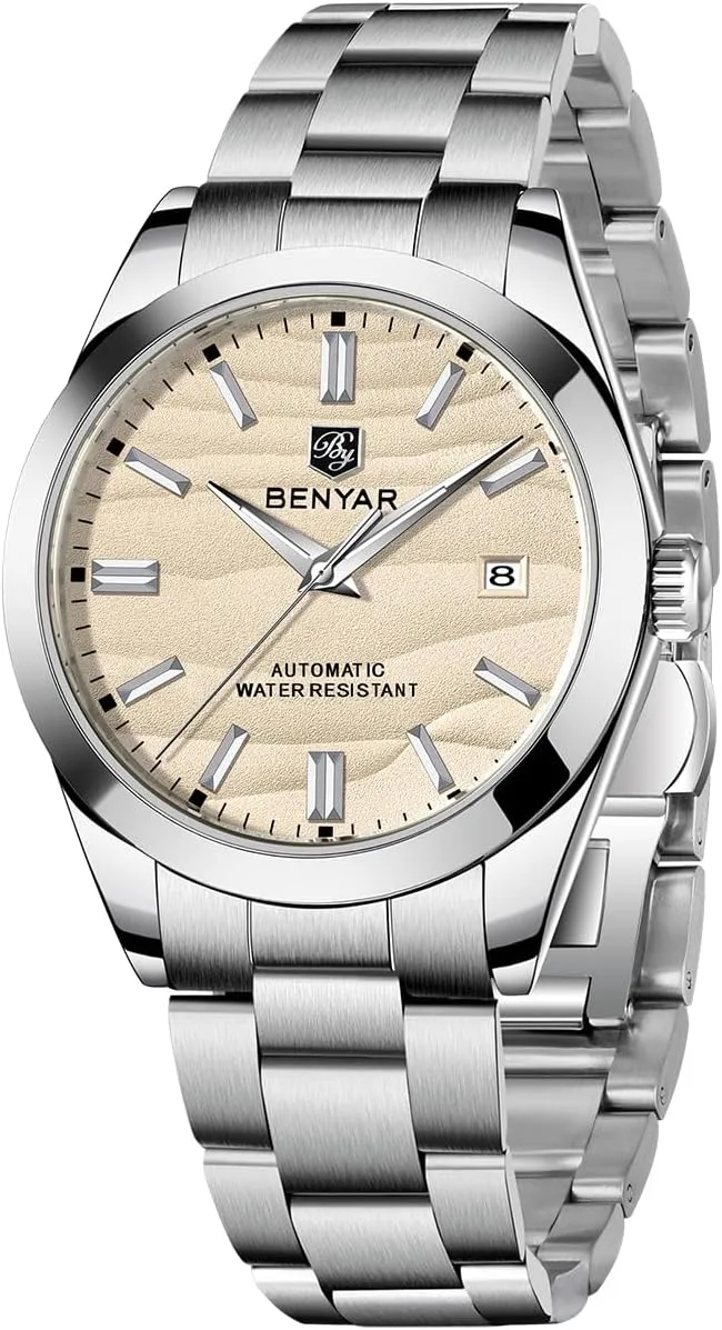 BENYAR Mechanical Men's Watch Automatic Movement 50M Waterproof Luminous Date Display Simple Easy to Read Casual Business Men's Stainless Steel Watch