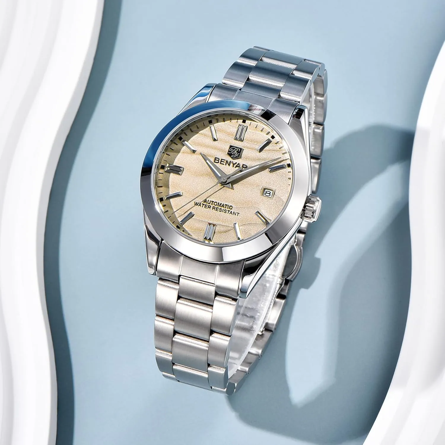 BENYAR Mechanical Men's Watch Automatic Movement 50M Waterproof Luminous Date Display Simple Easy to Read Casual Business Men's Stainless Steel Watch