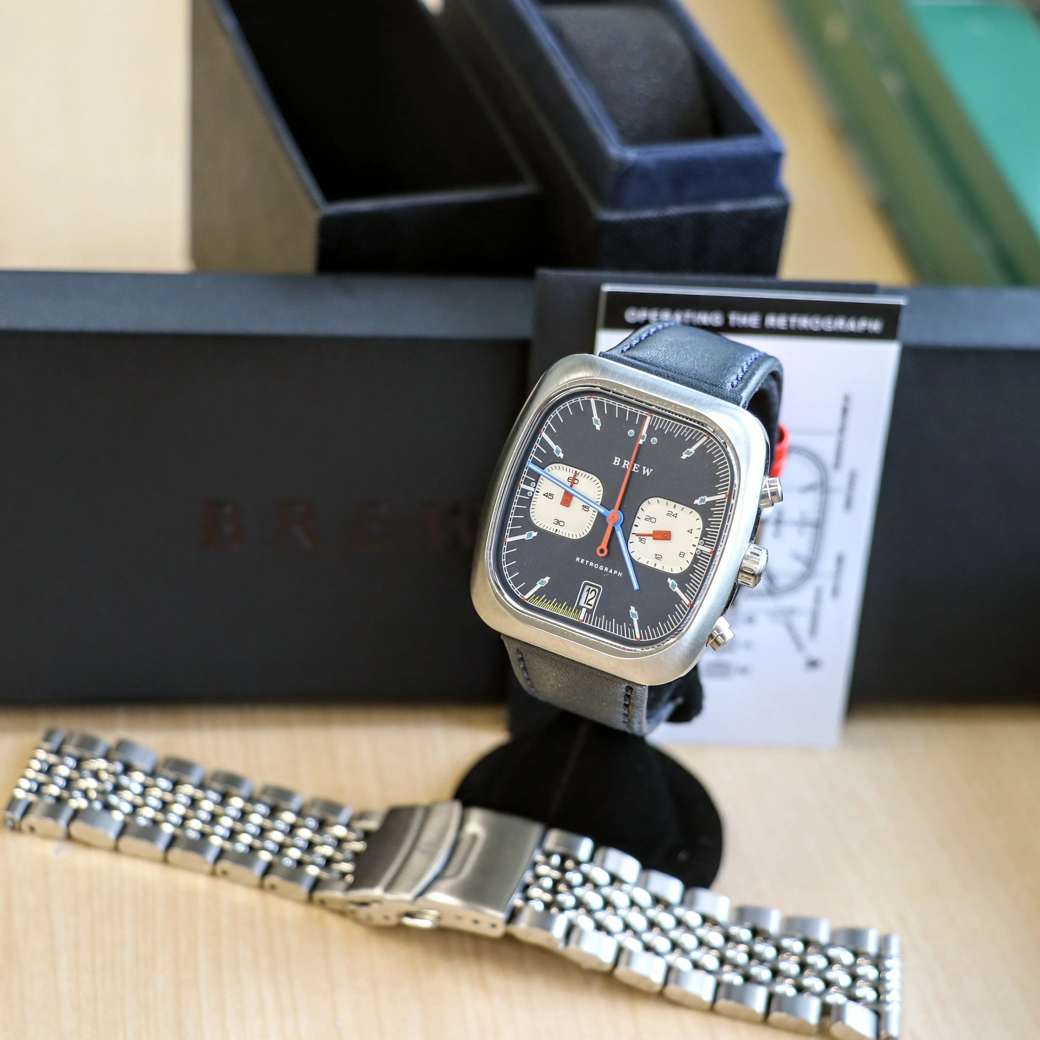 BREW Retrograph - Technicolor Watch Date Indicator - Full Kit   Extra Box w/ Extra Stainless-Steel Bracelet