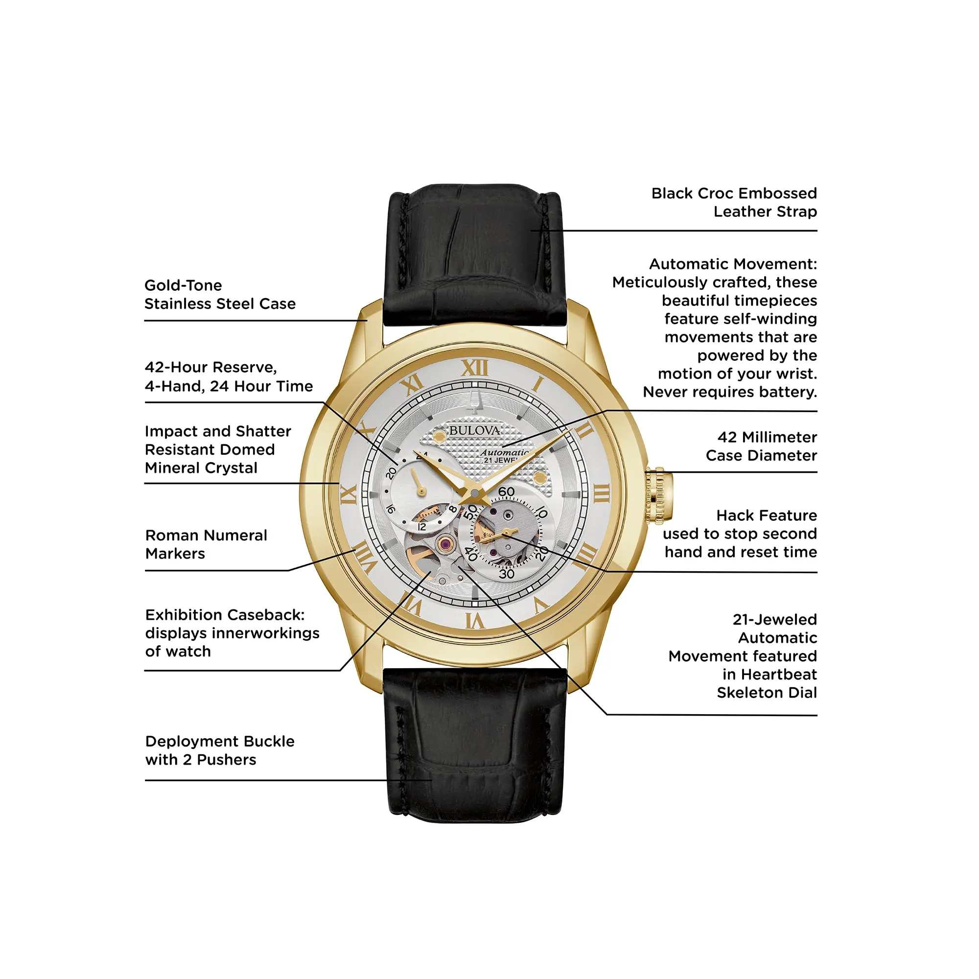Bulova Men's Classic Sutton 4-Hand Automatic Watch with Gold Stainless Steel, Black Leather Strap,Open Aperture,Exhibition Caseback, Double Curved Mineral Crystal, 42mm (Model: 97A187)