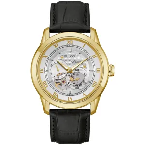 Bulova Men's Classic Sutton 4-Hand Automatic Watch with Gold Stainless Steel, Black Leather Strap,Open Aperture,Exhibition Caseback, Double Curved Mineral Crystal, 42mm (Model: 97A187)