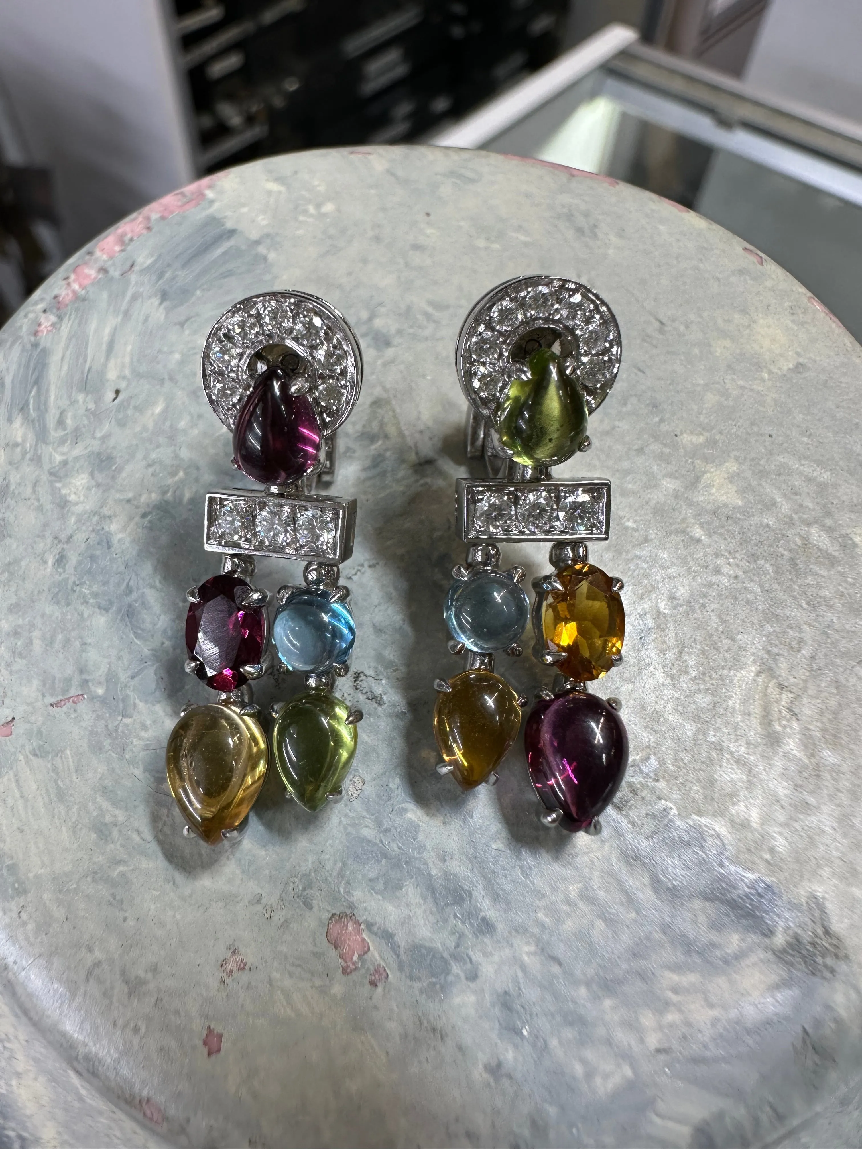 BVLGARI GORGEOUS 18K WHITE GOLD 30 GEMSTONES RAINBOW EARRINGS - $20K APR W/ COA!!!
