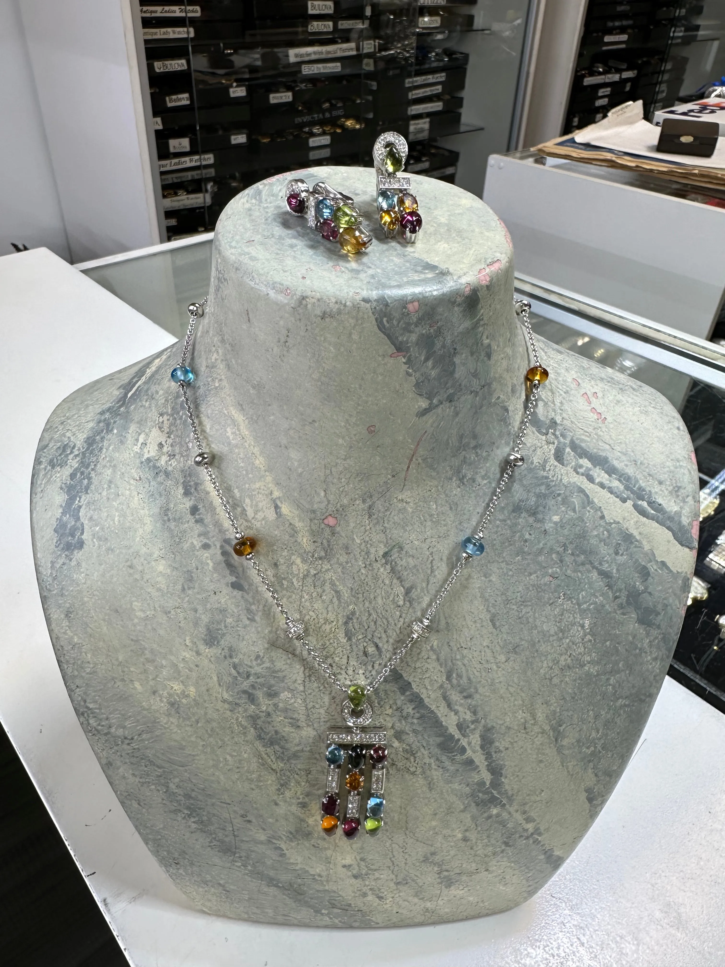 BVLGARI GORGEOUS 18K WHITE GOLD 30 GEMSTONES RAINBOW EARRINGS - $20K APR W/ COA!!!