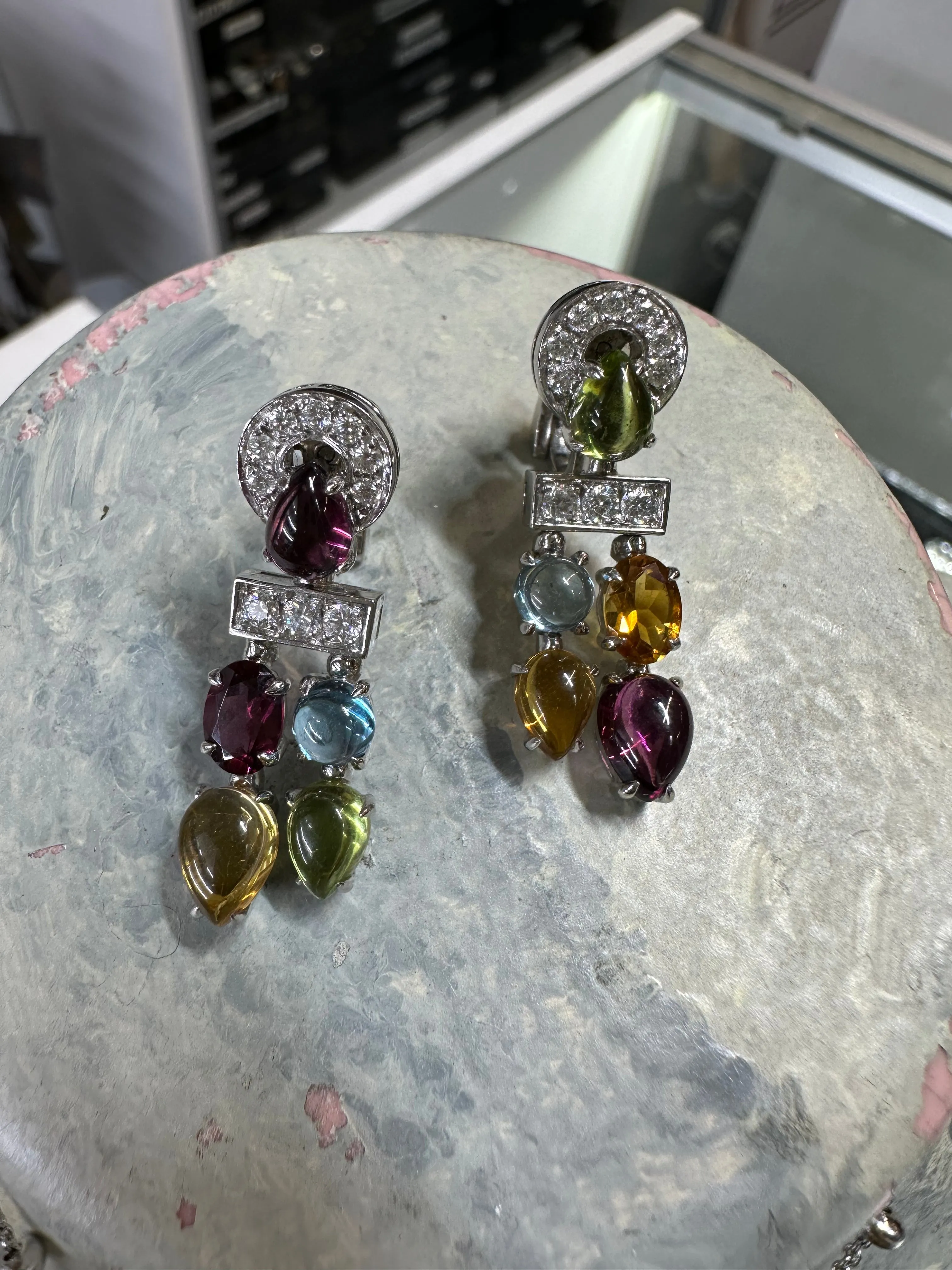 BVLGARI GORGEOUS 18K WHITE GOLD 30 GEMSTONES RAINBOW EARRINGS - $20K APR W/ COA!!!