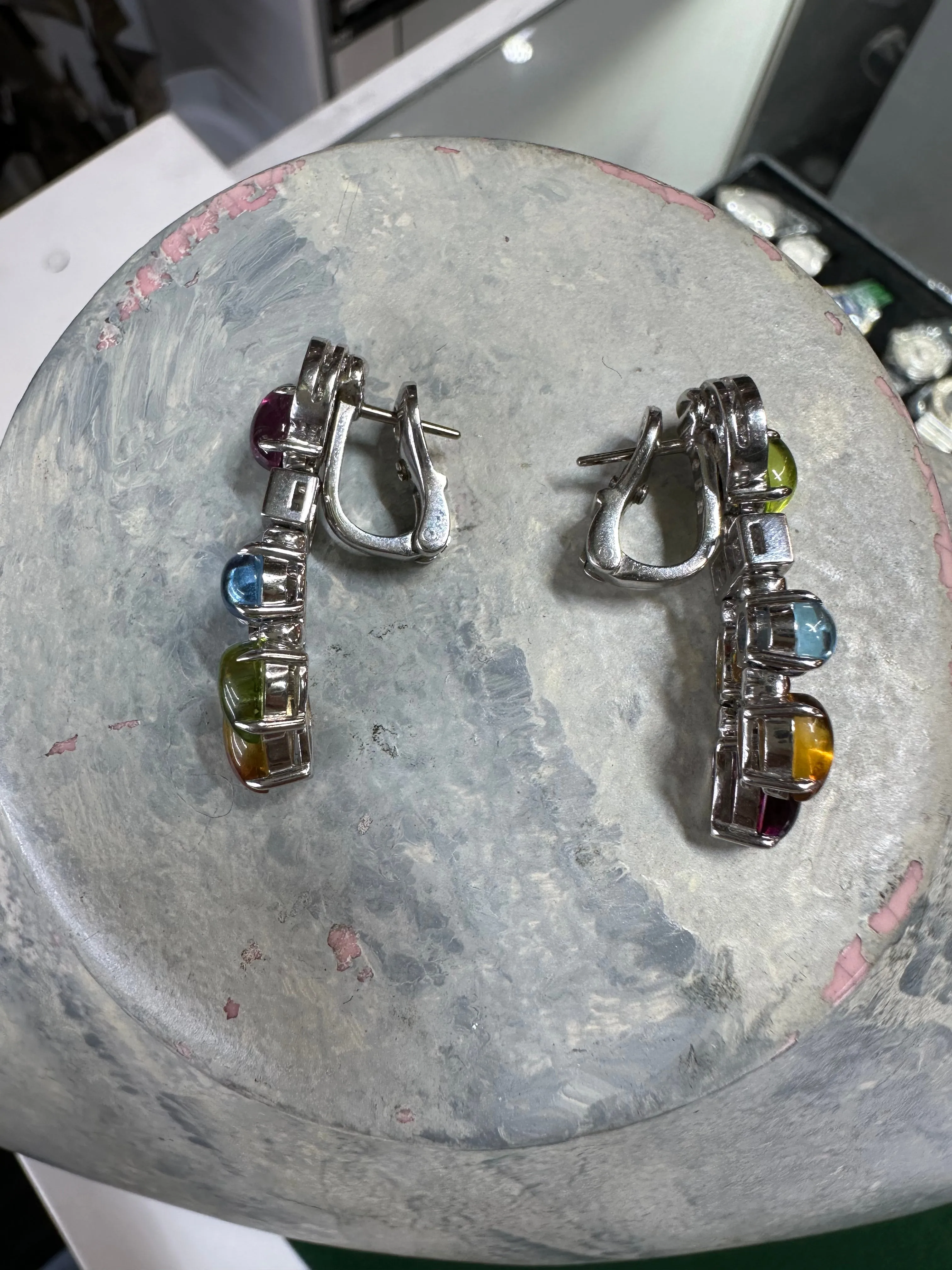 BVLGARI GORGEOUS 18K WHITE GOLD 30 GEMSTONES RAINBOW EARRINGS - $20K APR W/ COA!!!