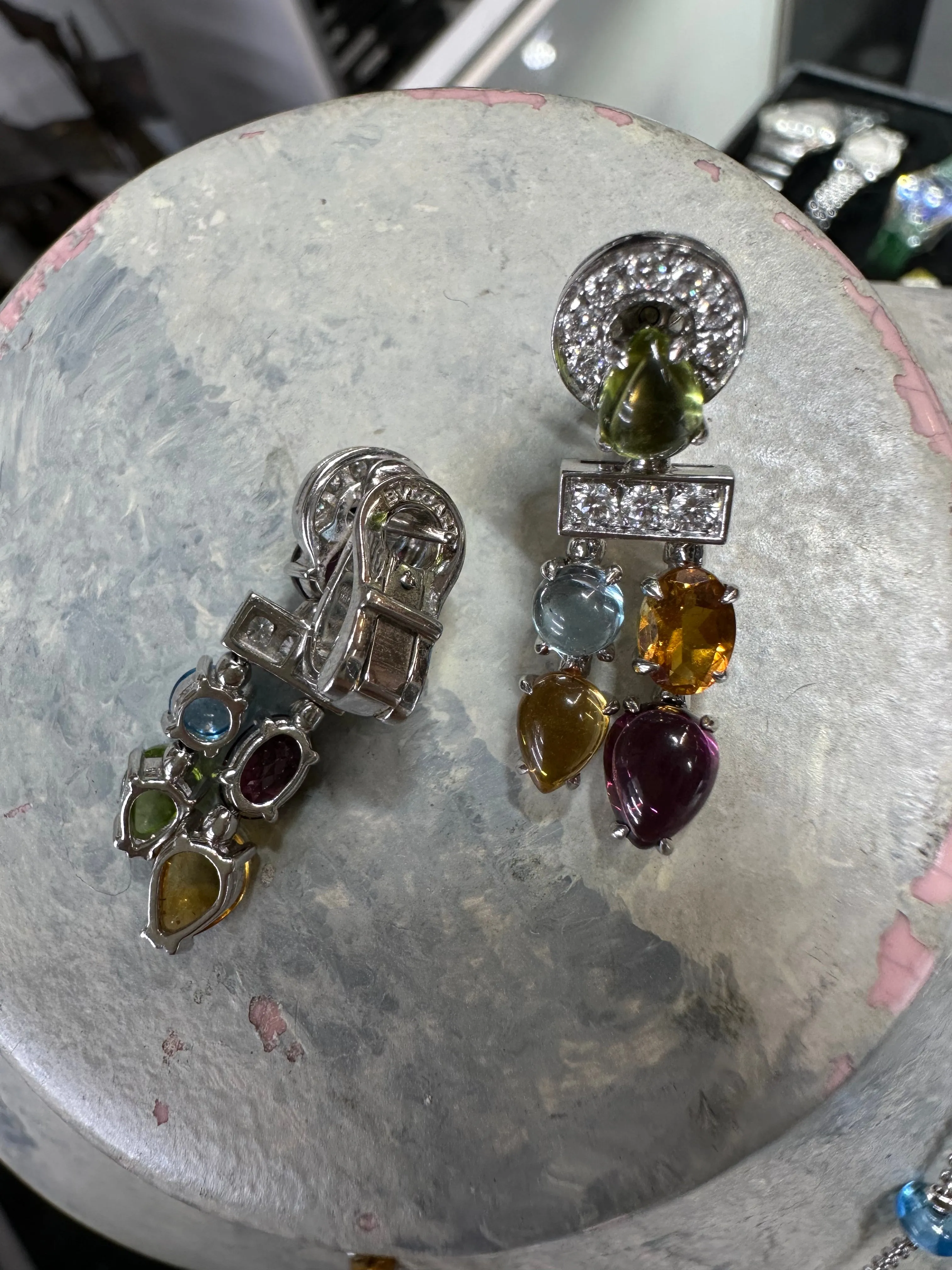 BVLGARI GORGEOUS 18K WHITE GOLD 30 GEMSTONES RAINBOW EARRINGS - $20K APR W/ COA!!!