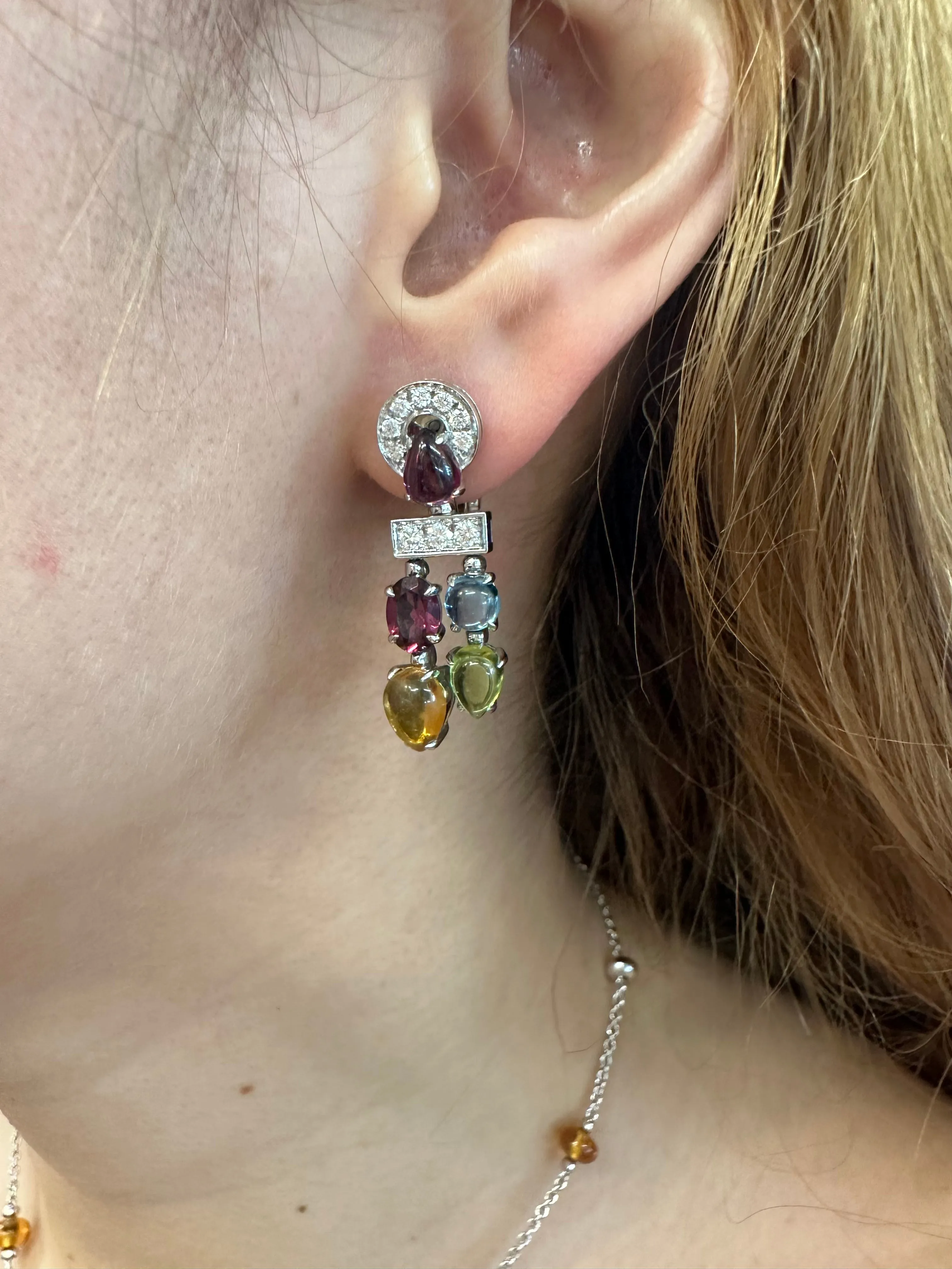 BVLGARI GORGEOUS 18K WHITE GOLD 30 GEMSTONES RAINBOW EARRINGS - $20K APR W/ COA!!!