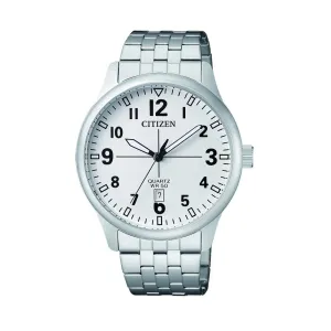 Citizen Gents White Face Date Silver Band Watch Model BI1050-81B