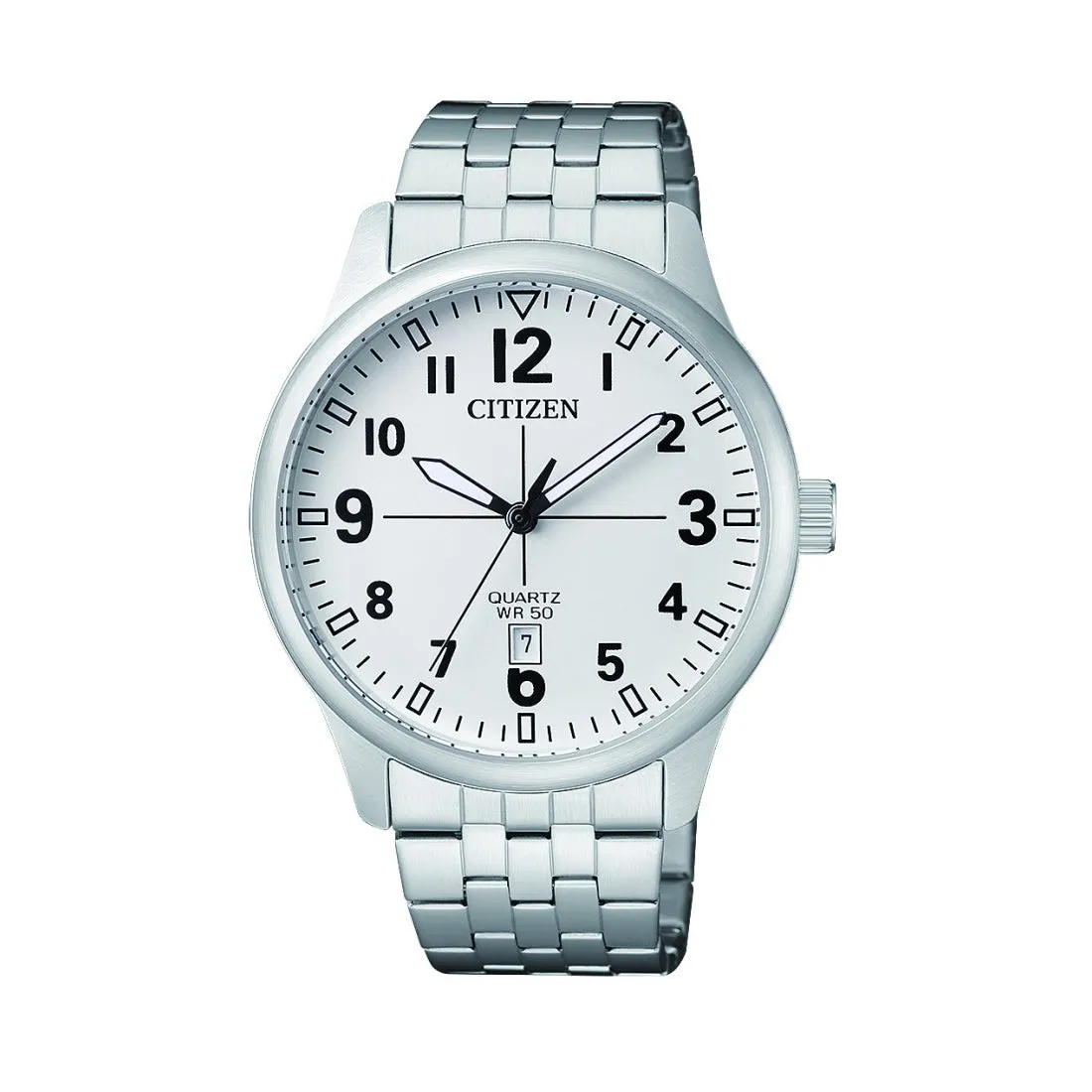 Citizen Gents White Face Date Silver Band Watch Model BI1050-81B