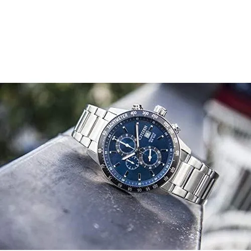 Citizen Men's Blue Dial Stainless Steel Silver-tone Band Analog Chronograph Japanese Quartz Watch -  AN3600-59L