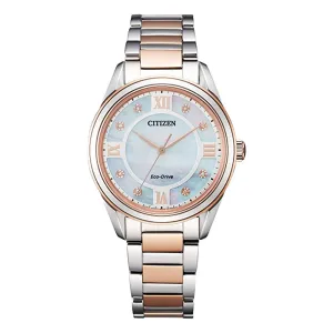 Citizen Womens Eco-Drive Arezzo White Dial Watch 32mm Pink Gold Bracelet Watch - EM0876-51D