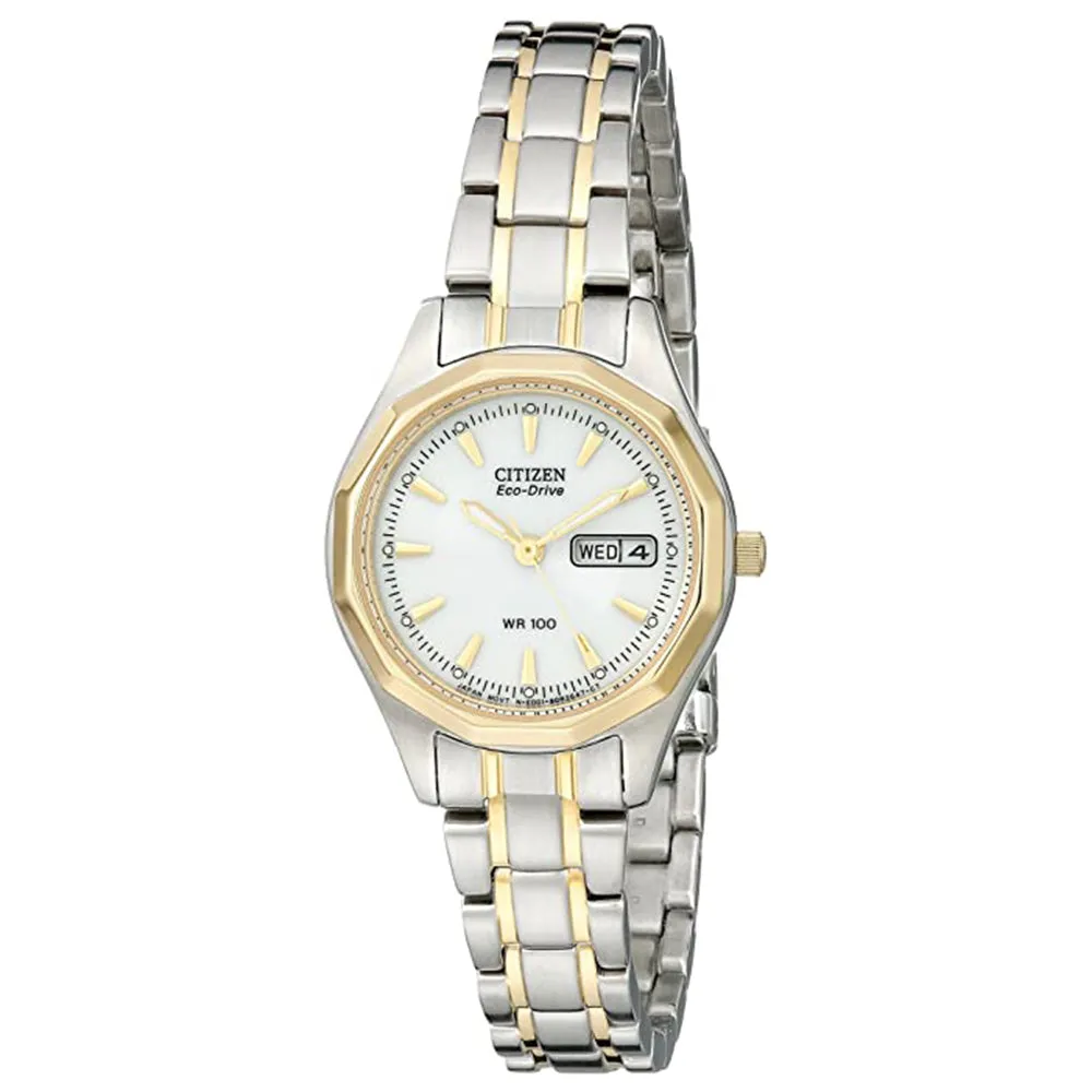 Citizen Womens Eco-Drive White Dial Silver Band Sport Two-Tone Stainless Steel Watch - EW3144-51A