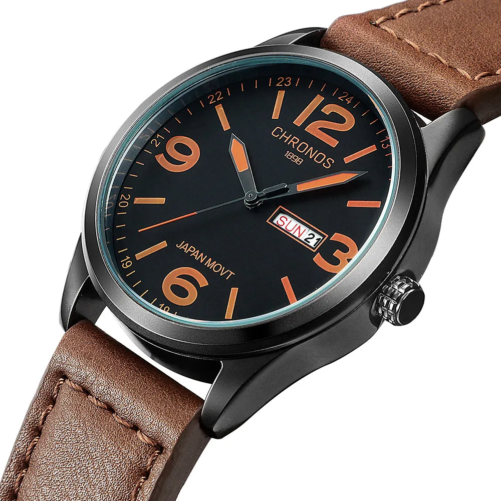 Classic Brown Black Leather Watch Numeral Clock