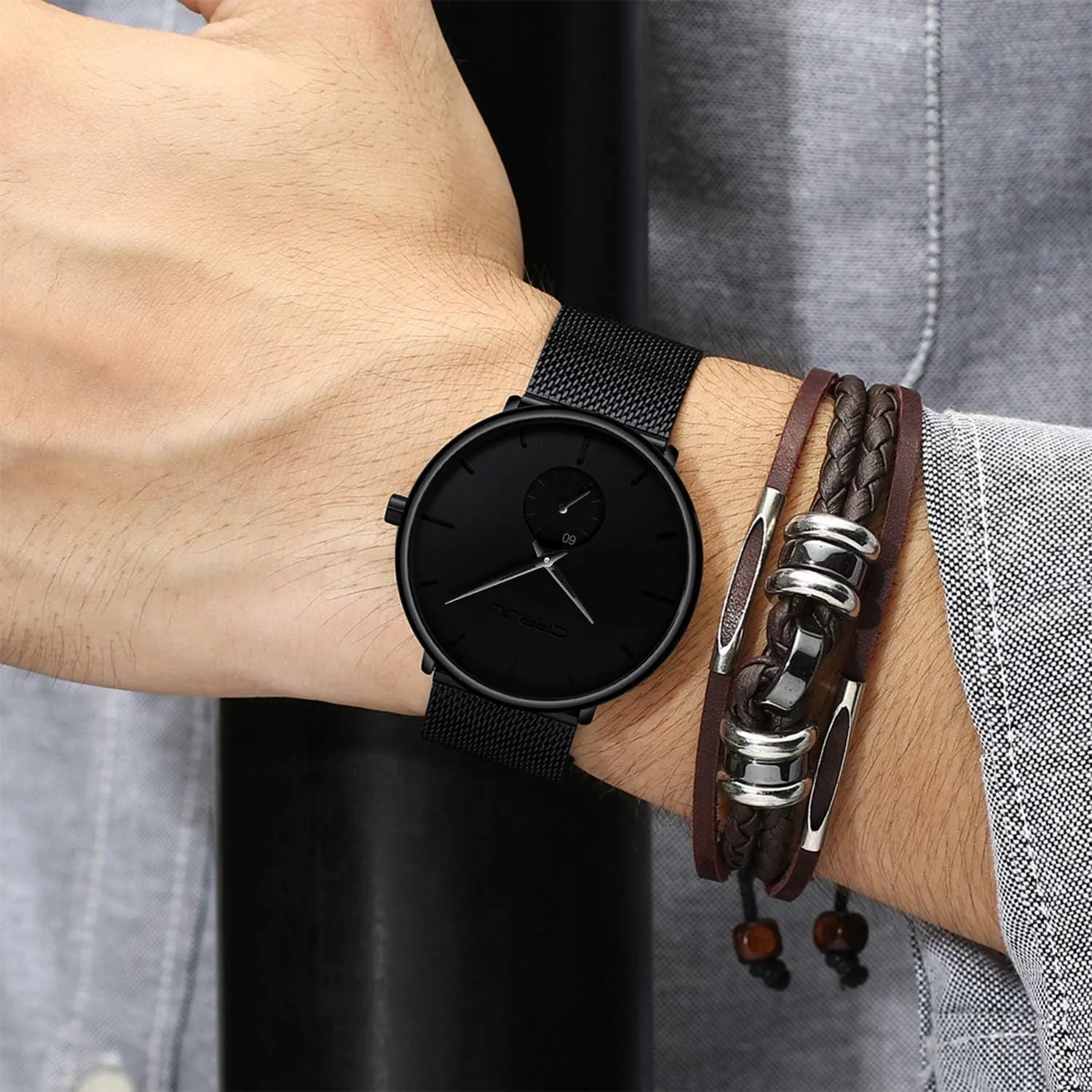 CRRJU Men Business Slim Analog Quartz Watch,Date Black Dial Wrist Watch with Mesh Bracelet Strap