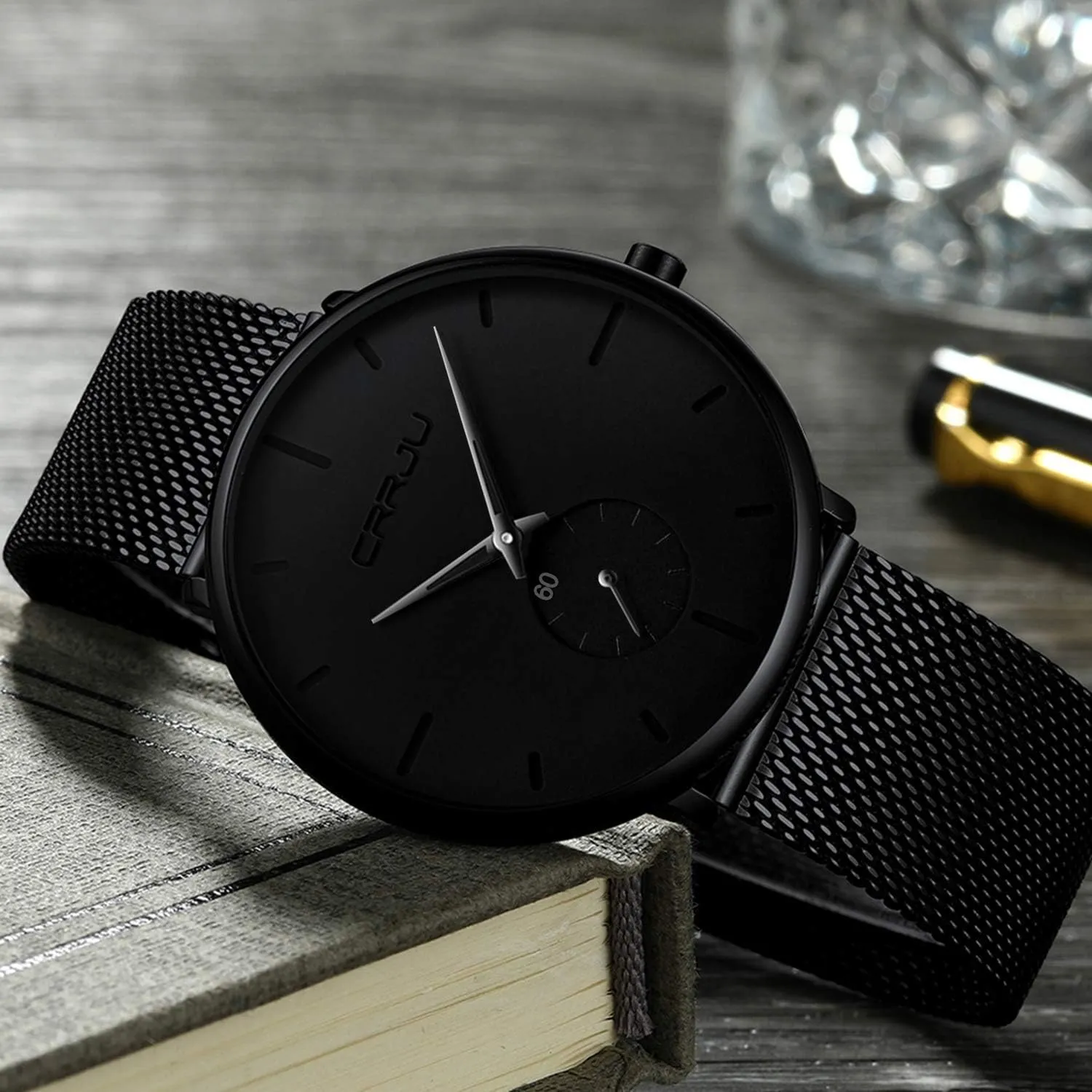 CRRJU Men Business Slim Analog Quartz Watch,Date Black Dial Wrist Watch with Mesh Bracelet Strap