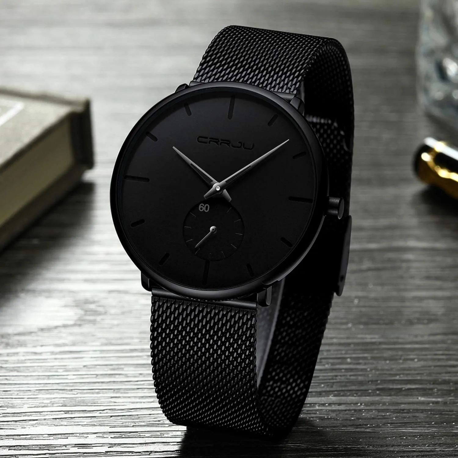 CRRJU Men Business Slim Analog Quartz Watch,Date Black Dial Wrist Watch with Mesh Bracelet Strap