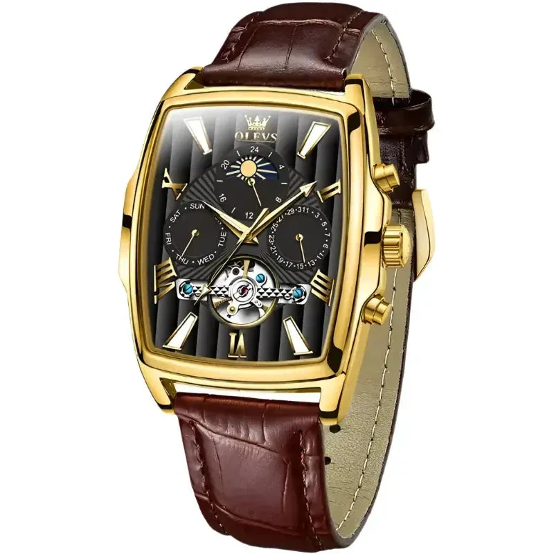 Elegance® 6675 Executive Men Watch Luxury Rectangular Dial Mechanical Watches Waterproof Leather Automatic Luminous Watch Business Men