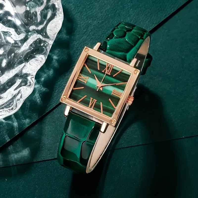 Elegant Green Quartz Watch  Jewelry Gift Set