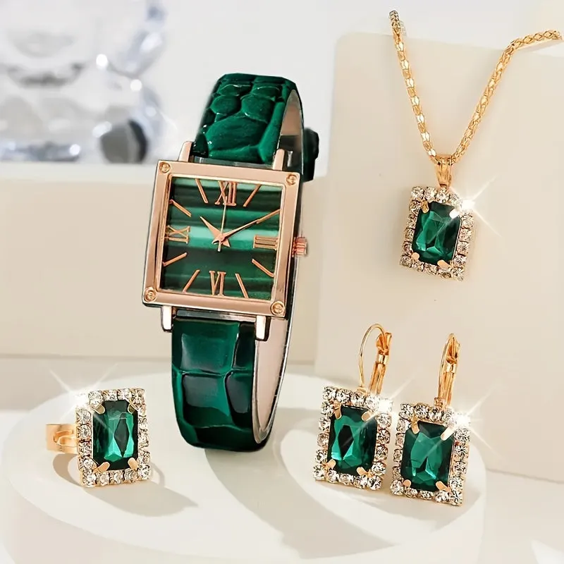 Elegant Green Quartz Watch  Jewelry Gift Set