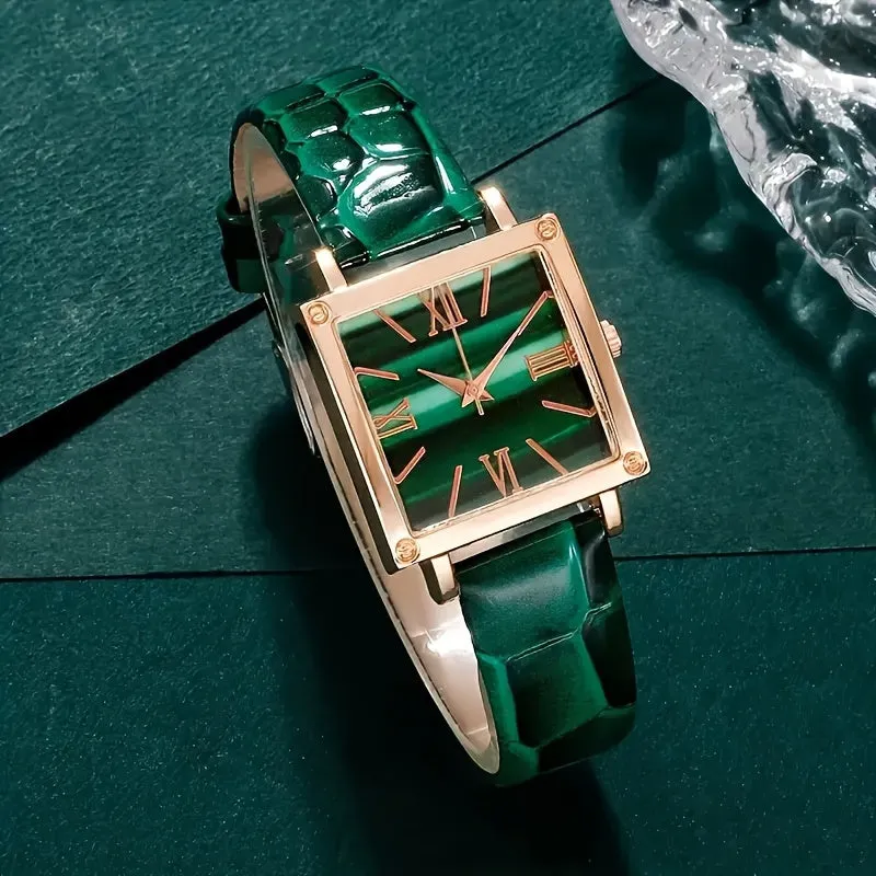 Elegant Green Quartz Watch  Jewelry Gift Set