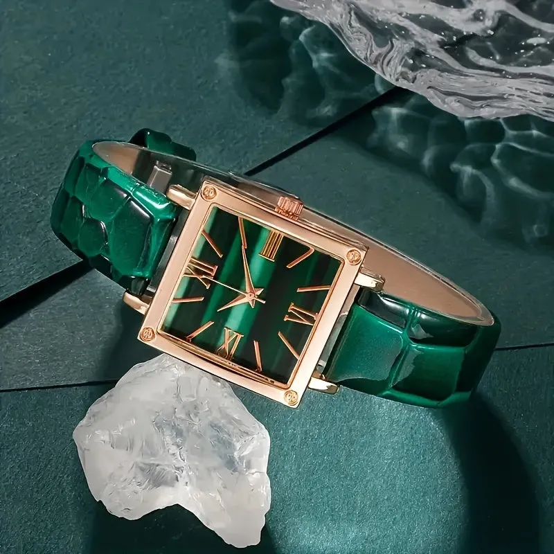 Elegant Green Quartz Watch  Jewelry Gift Set