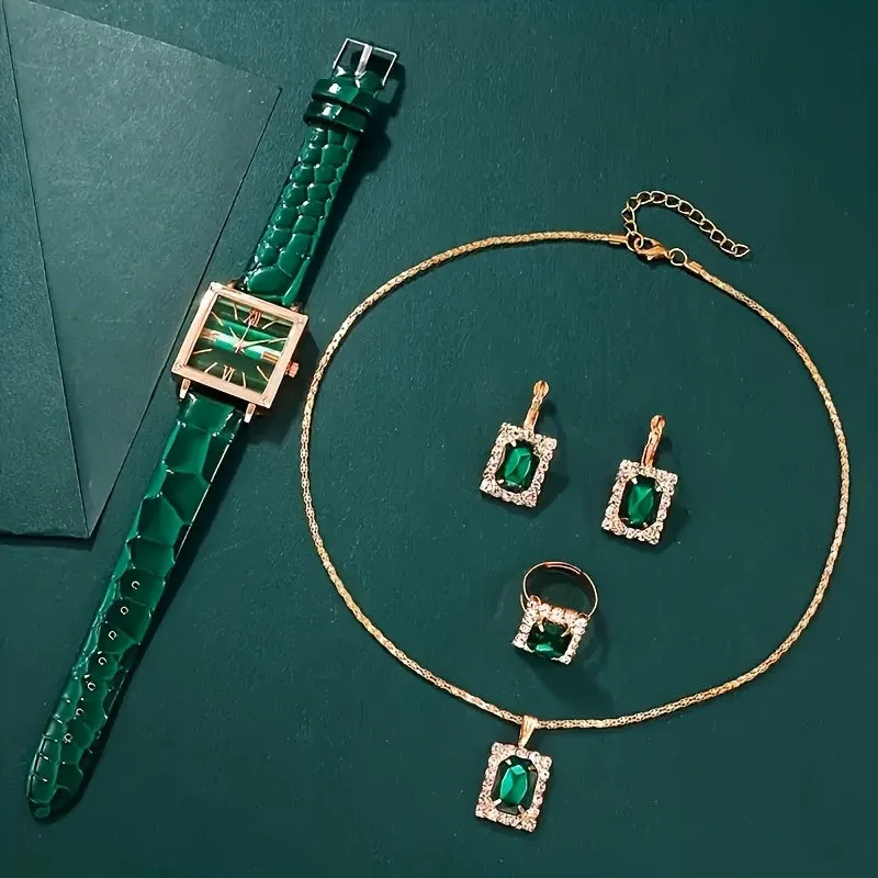 Elegant Green Quartz Watch  Jewelry Gift Set