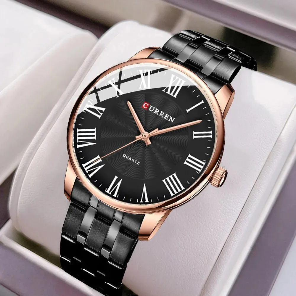 Fashion Brand Quartz Watches for Men Stainless Steel Band Wristwatches Black Clock for Male